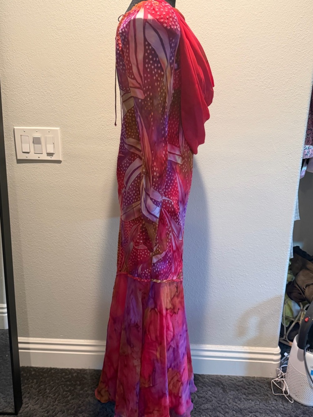 Vintage Judy Hornby Couture Pink & Purple Printed Maxi Dress with Draped Scarf - Picture 8 of 10